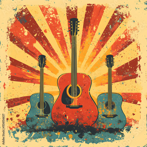 Vintage Guitars  Sunburst Background  Music Poster