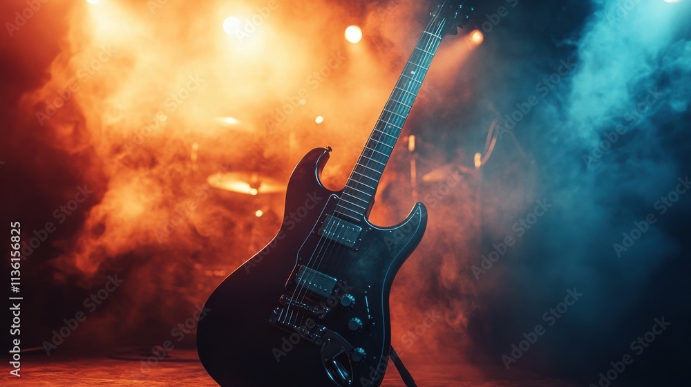 Obraz premium A dramatic close-up of an electric guitar on a stage with concert lighting and a smoky atmosphere