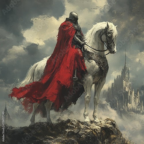 A knight in a red cloak on a white horse overlooks a castle. photo