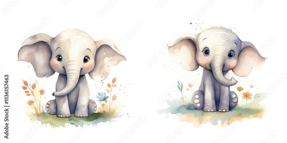 Cute baby elephants sitting among flowers, showcasing playful expressions Cute baby elephants sitting among flowers, showcasing playful expressions