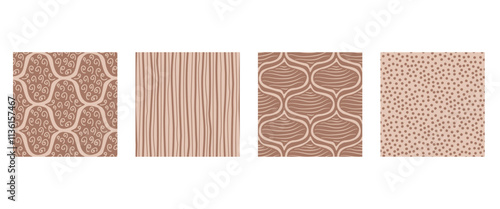 Brown monochrome ogee seamless patterns collection. Damask, stripes and polka dots geometric print beige and mocha mouse endless backgrounds set . Abstract chocolate repeat cover. Vector illustration.