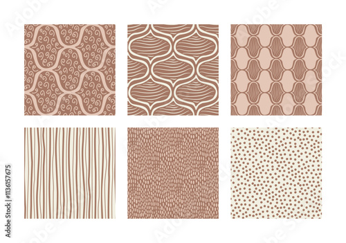 Brown monochrome ogee seamless patterns collection. Damask geometric print beige and mocha mouse endless backgrounds set . Abstract chocolate repeat cover. Vector hand drawn illustration.