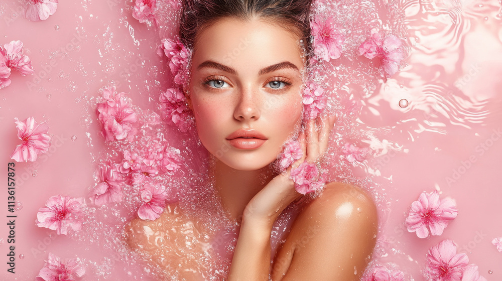 A serene moment features a woman with striking features, gently immersed in water adorned with pink flower petals, creating a calming and peaceful atmosphere. A serene moment features a woman with striking features, gently immersed in water adorned with pink flower petals, creating a calming and peaceful atmosphere.