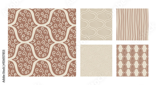 Brown monochrome ogee seamless patterns collection. Damask geometric print beige and mocha mouse endless backgrounds set . Minimal modern nude continuous ornament. Vector hand drawn illustration.