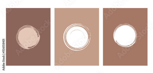 Brown background vertical banner set with hand drawn circle frame. Abstract Mocha mousse template with textured quotation empty place. Monochrome nude chocolate backdrop. Vector illustration.