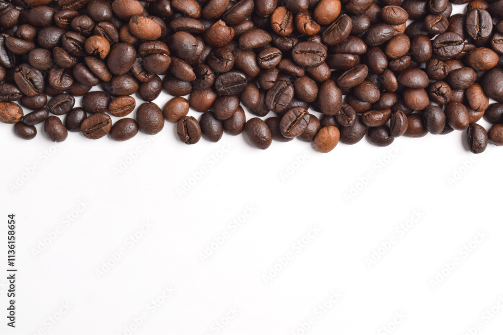 Coffee beans border on white background. Copy space for text Coffee beans border on white background. Copy space for text