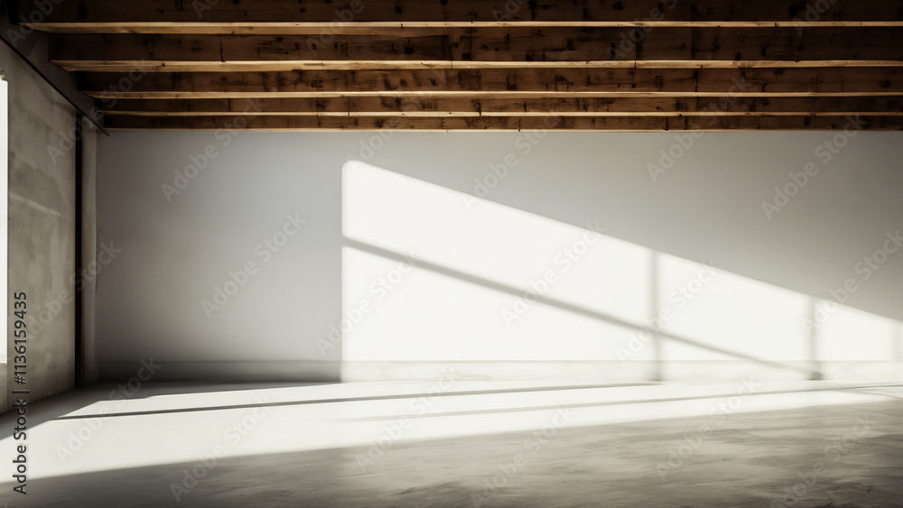 Obraz premium Empty Industrial Studio with Wooden Beams and Light Shadows on Wall