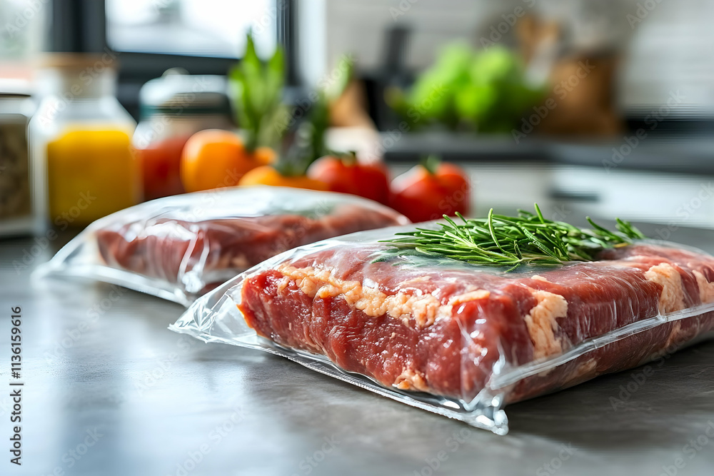 Two vacuum-sealed steaks with rosemary on kitchen counter. Two vacuum-sealed steaks with rosemary on kitchen counter.