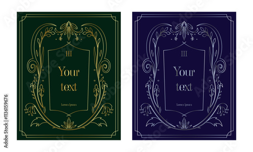 Elegant Floral Frames with Gold and Silver Botanical Motifs on Dark Green and Navy Backgrounds. Ideal for Luxury Book Covers, Invitations, Cards, and Art Deco Designs. Vector Flat Illustration.