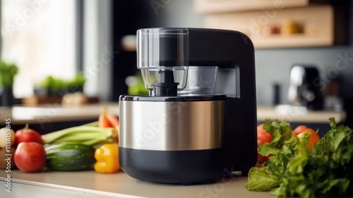 Sleek food processor on modern kitchen countertop surrounded by fresh vegetables and fruits, showcasing efficient kitchen appliance for healthy cooking and meal preparation. photo