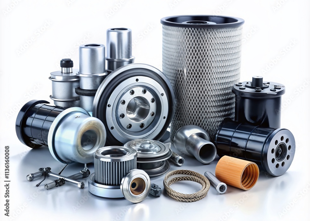 High-Quality Set of Truck Parts Displayed on a White Background with Ample Copy Space for Automotive Industry Use, Featuring Components like Engines, Tires, and Brakes High-Quality Set of Truck Parts Displayed on a White Background with Ample Copy Space for Automotive Industry Use, Featuring Components like Engines, Tires, and Brakes
