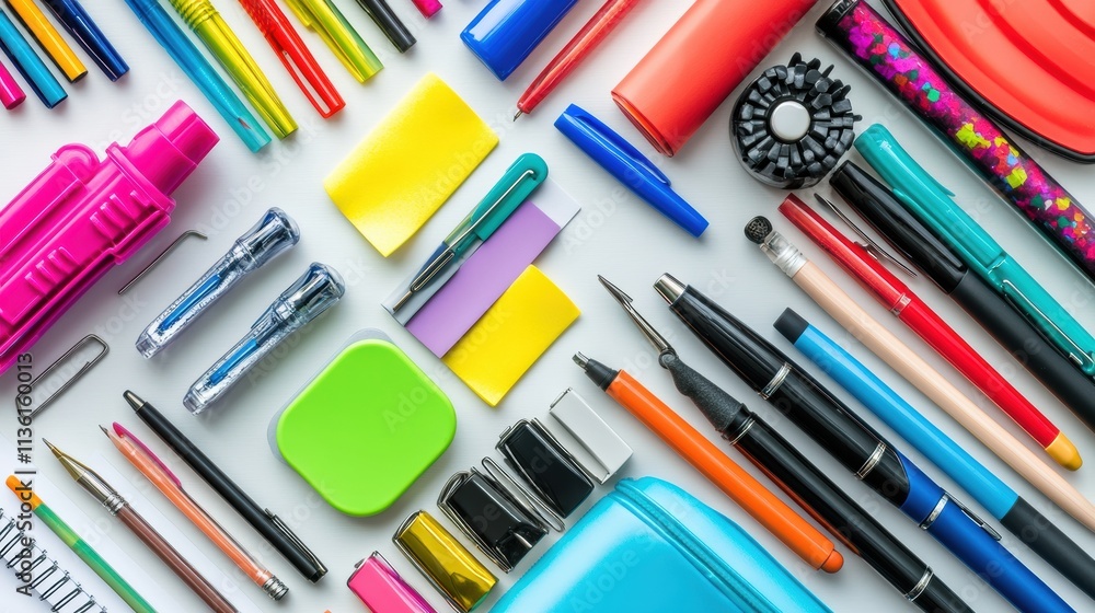 Fototapeta premium A flat lay of colorful stationery supplies, including pens, sticky notes, and a stapler, styled on a bright white desk
