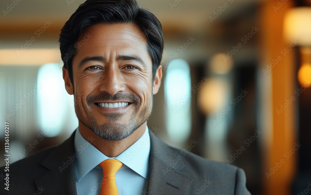 Confident businessman with a suit and a smile in a office background, He looking at the camera Confident businessman with a suit and a smile in a office background, He looking at the camera