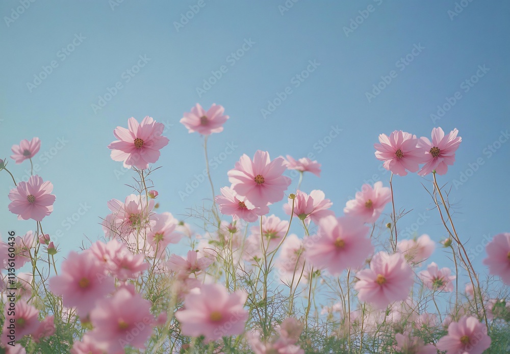 Pastel Pink Cosmos Flowers Field Under Blue Sky Pastel Pink Cosmos Flowers Field Under Blue Sky