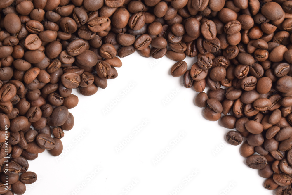 Coffee beans border on white background. Copy space for text Coffee beans border on white background. Copy space for text