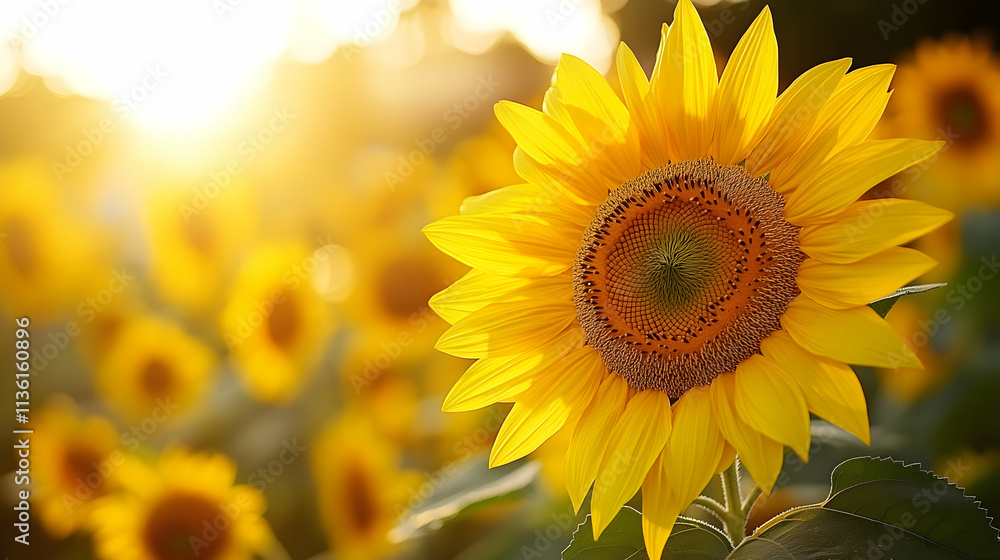 Obraz premium Vibrant sunflower in a field at sunset.