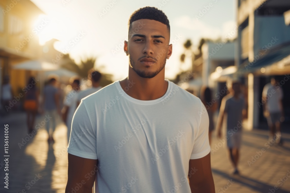 Fototapeta premium A man with a beard and a white shirt is standing in front of a crowd of people