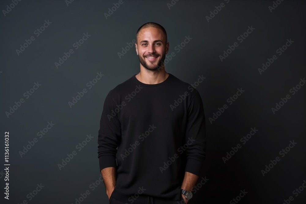A man in a black shirt is smiling and looking at the camera A man in a black shirt is smiling and looking at the camera
