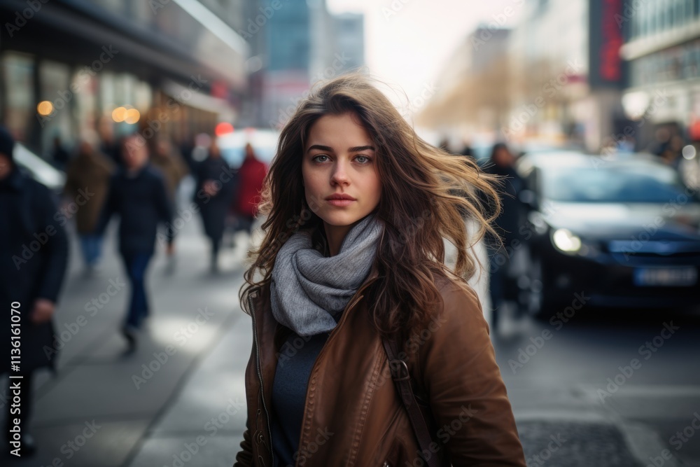 A woman with long hair and a scarf is walking down a street with other people A woman with long hair and a scarf is walking down a street with other people