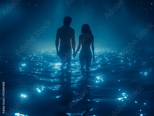 Silhouette Couple Holding Hands In Starlit Water photo