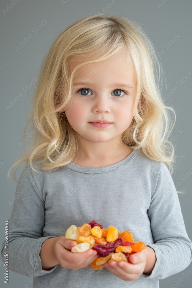 A blonde girl is holding a bunch of fruit in her hands. The fruit includes oranges and apples A blonde girl is holding a bunch of fruit in her hands. The fruit includes oranges and apples