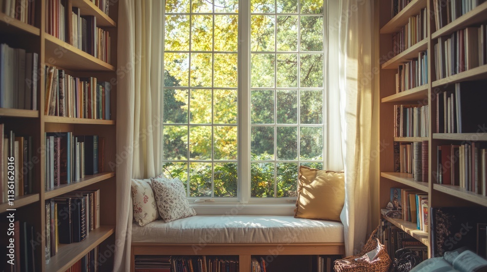 Sunlit library window seat with bookshelves. Sunlit library window seat with bookshelves.