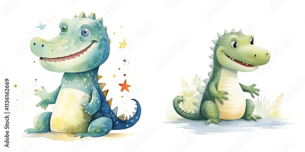 Naklejka premium Cute cartoon dinosaurs with bright colors and playful expressions