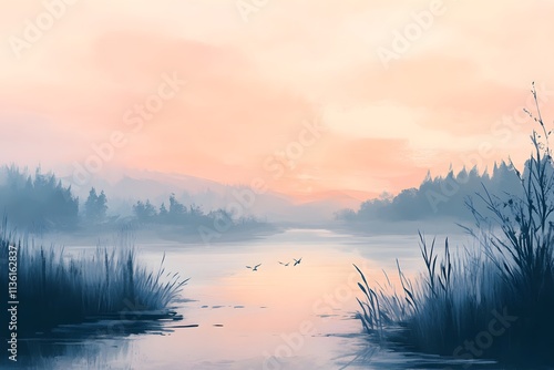 Illustration of a serene landscape with soft pastel colors, creating a calming and peaceful atmosphere