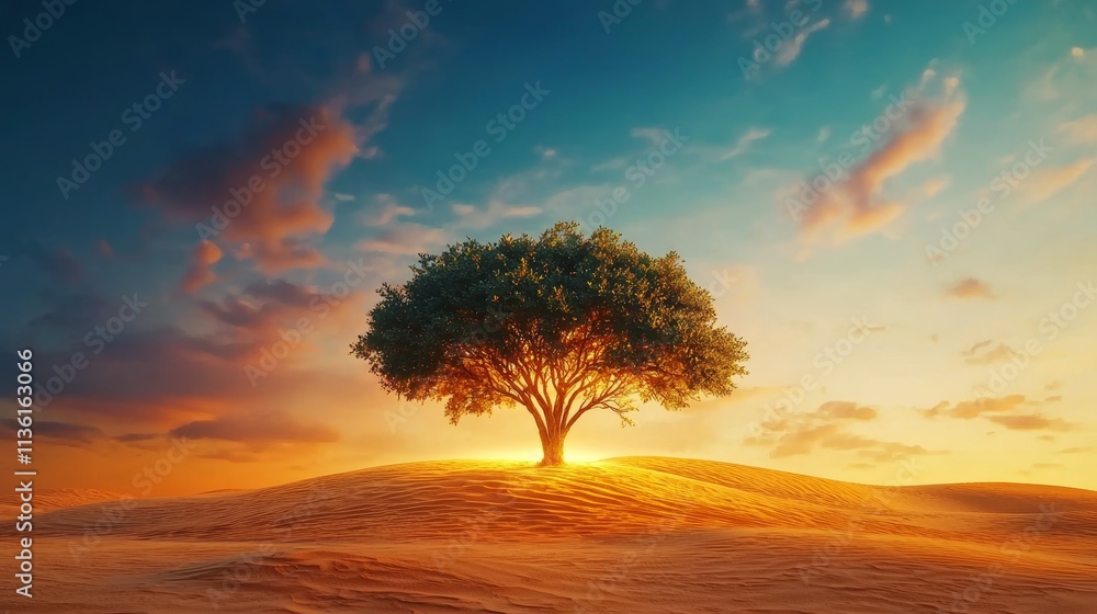 climate change global warming reforestation concept. Lone tree silhouetted against a vibrant sunset sky over sandy landscape. climate change global warming reforestation concept. Lone tree silhouetted against a vibrant sunset sky over sandy landscape.