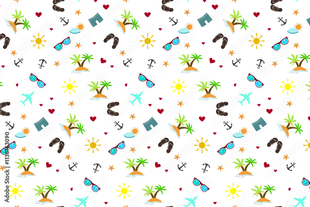 Seamless pattern. Summer, beach, love, sun, sea, palm trees. Background. Illustration. Flyer background design, advertising background, fabric, clothes, texture, textile pattern Seamless pattern. Summer, beach, love, sun, sea, palm trees. Background. Illustration. Flyer background design, advertising background, fabric, clothes, texture, textile pattern