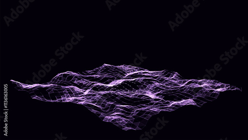 Abstract vector technology purple wave in the center with motion dots and lines. AI in virtual reality on digital background. Wireframe texture. Dynamic analysis a network connection data.