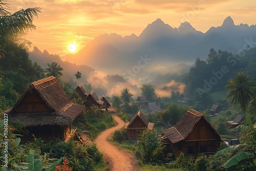 winter fog view in Village with  many homes and grass and road, village morning concept