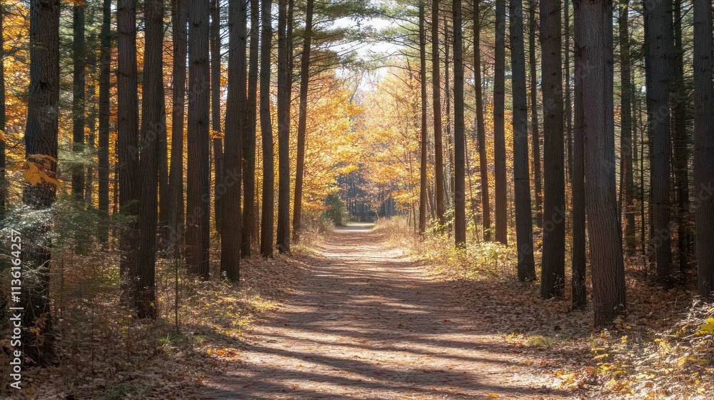 Forest path with fall foliage and trees.