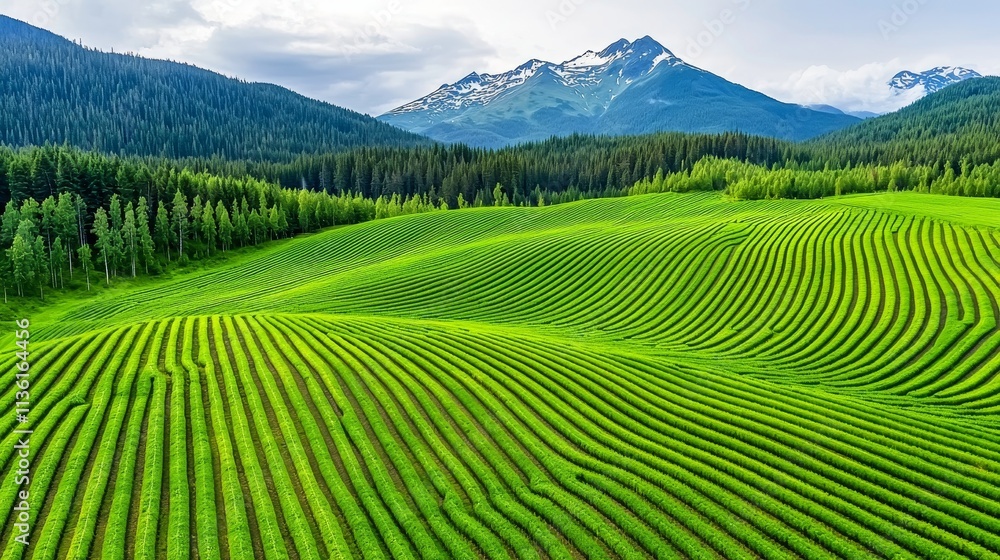 Obraz premium climate change global warming reforestation concept. Lush green fields with mountains in the background under a clear sky.