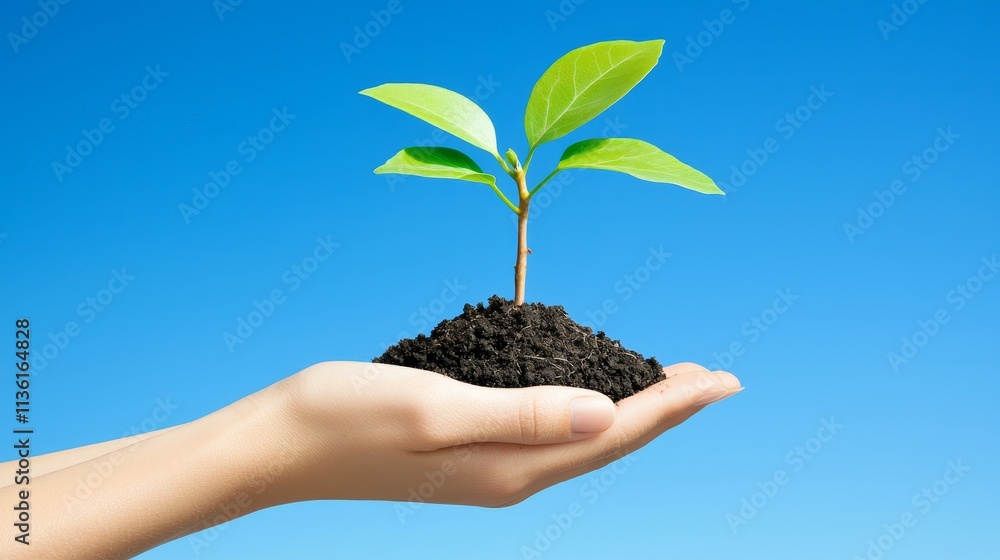 climate change global warming reforestation concept. A hand holding a young plant with green leaves against a clear blue sky. climate change global warming reforestation concept. A hand holding a young plant with green leaves against a clear blue sky.
