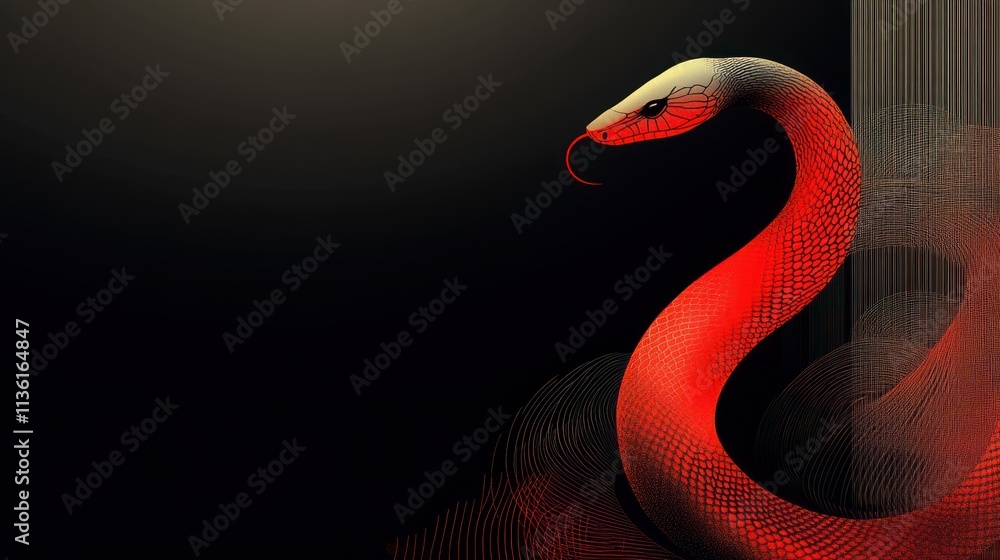 Fototapeta premium Red snake illustration on dark background.