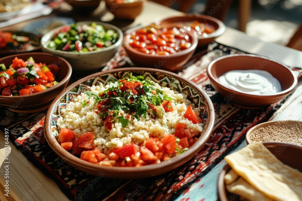 A vibrant spread of Middle Eastern dishes featuring couscous, salads, and sauces. A vibrant spread of Middle Eastern dishes featuring couscous, salads, and sauces.