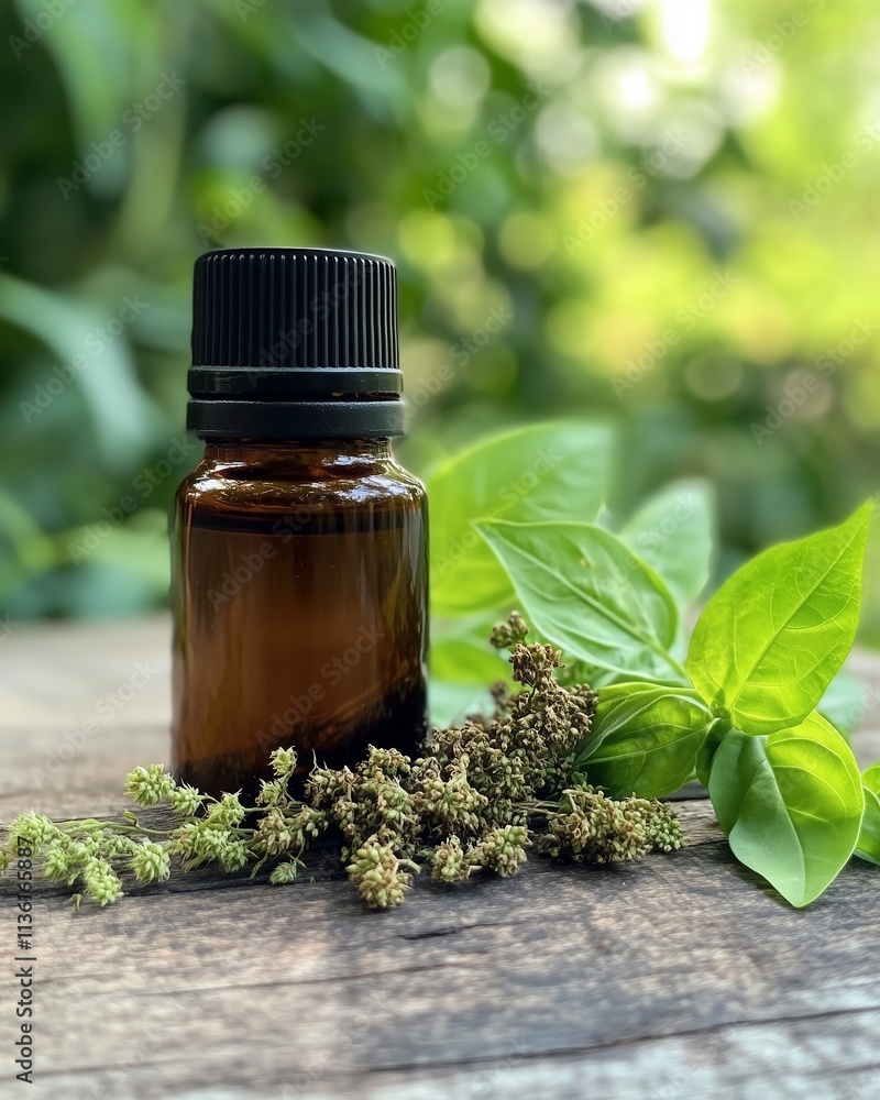 Herbal Essential Oil Bottle with Fresh and Dried Herbs on Wooden Surface Herbal Essential Oil Bottle with Fresh and Dried Herbs on Wooden Surface