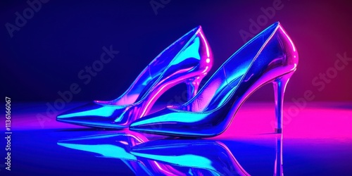 Two high heels are reflected in a blue light photo