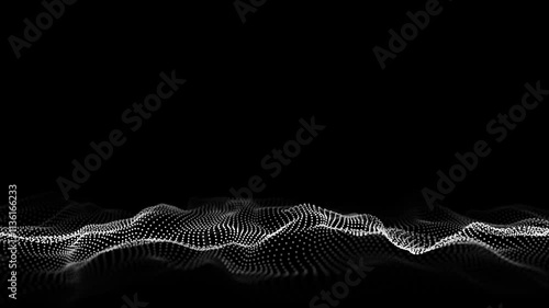 Dark cyberspace in digital background. Abstract technology black wave with motion dots and lines. Connection big data. Futuristic wireframe texture. Analysis a network connection. 3D rendering.