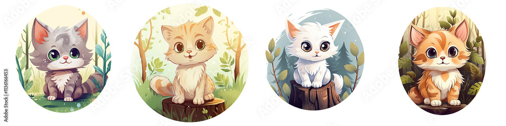 Fototapeta premium Cute cartoon cats sitting on logs in forest setting, showcasing various colors and expressions