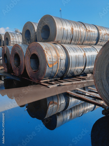 A roll of sheet iron. Hot rolled steel rolls are stored outdoors. Rolls of steel sheet. Sheet metal in the port. Steel rolls are available in stock. Steel rolls. A roll of sheet iron.