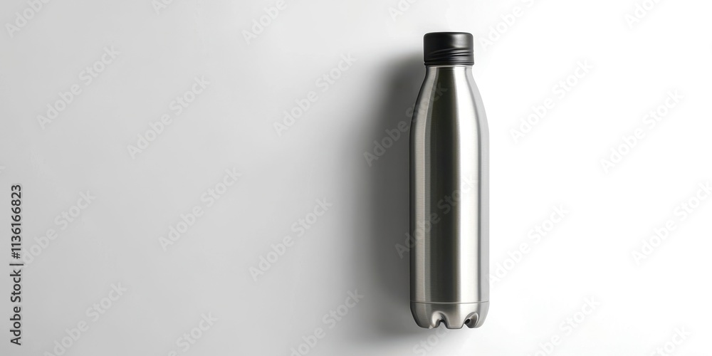 Silver water bottle with a black cap Silver water bottle with a black cap