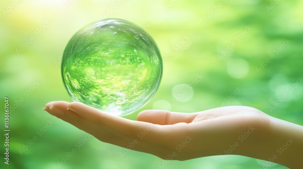 Hand Holding Clear Sphere with Green Abstract Nature Background Hand Holding Clear Sphere with Green Abstract Nature Background