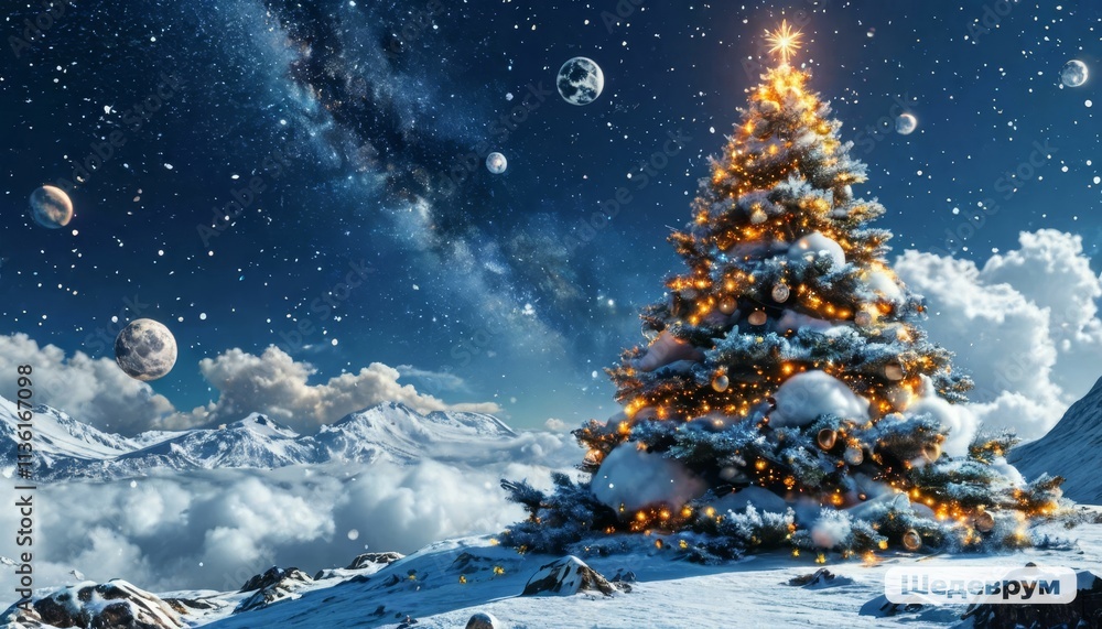 Decorated Christmas tree with snowflakes animation over snowy mountain landscape. holiday, festive, winter, decoration, animated Decorated Christmas tree with snowflakes animation over snowy mountain landscape. holiday, festive, winter, decoration, animated