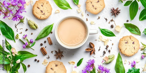 White cup with a tea bag in it sits on a table with a variety of cookies