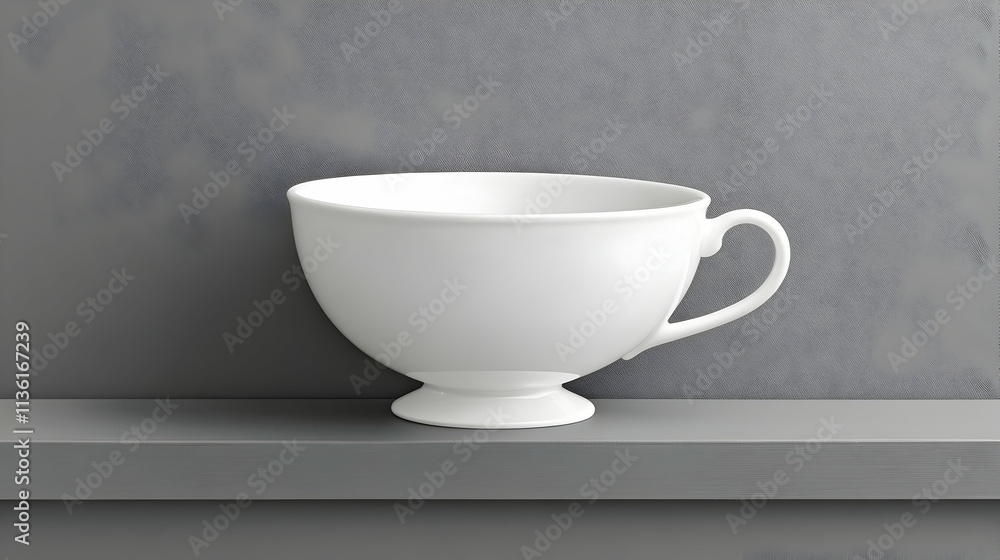 White teacup on grey shelf against grey wall. White teacup on grey shelf against grey wall.