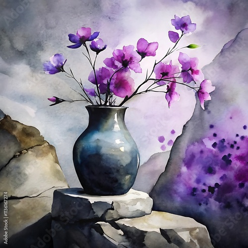 Flower  vase oil paint illustration