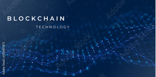 Blockchain technology background. Abstract digital network concept. Crypto data vector illustration. Blue particle background. Flow wave with dot landscape.