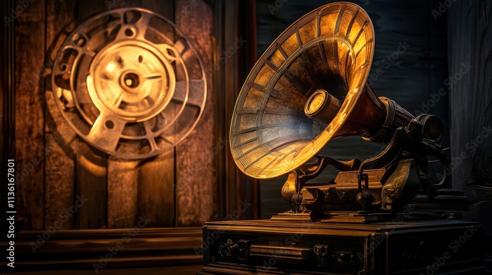 Obraz premium Vintage Gramophone with Golden Horn and Wooden Background